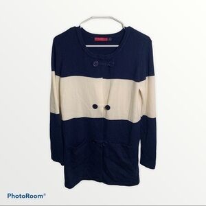 Ava Women's Size Small Duster Cardigan Double Breasted Navy Cream Colorblock